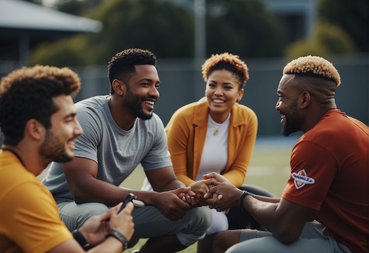A group of diverse individuals interact and connect through sports-related content on various social media platforms. They engage in lively discussions and share their passion for sports, fostering a sense of community and connection