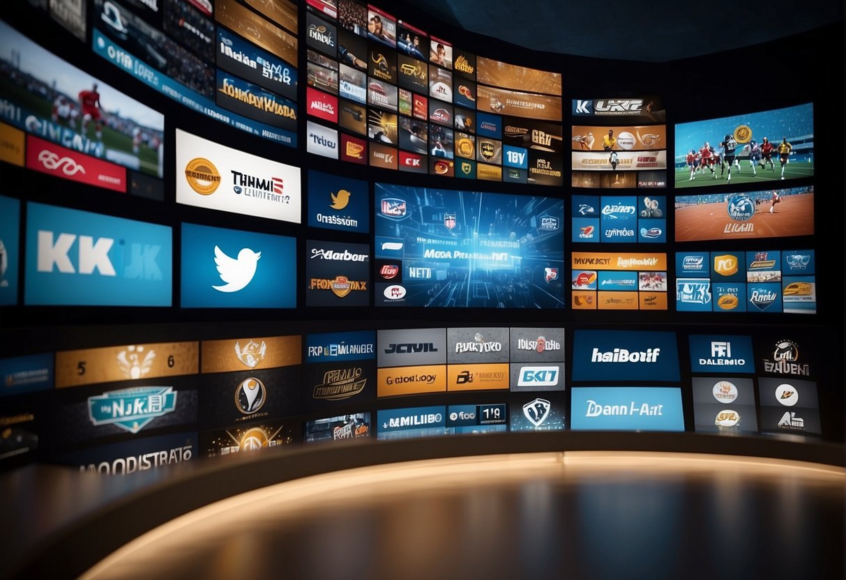 A timeline of sports media logos from print to digital, with a Twitter feed displaying real-time sports updates