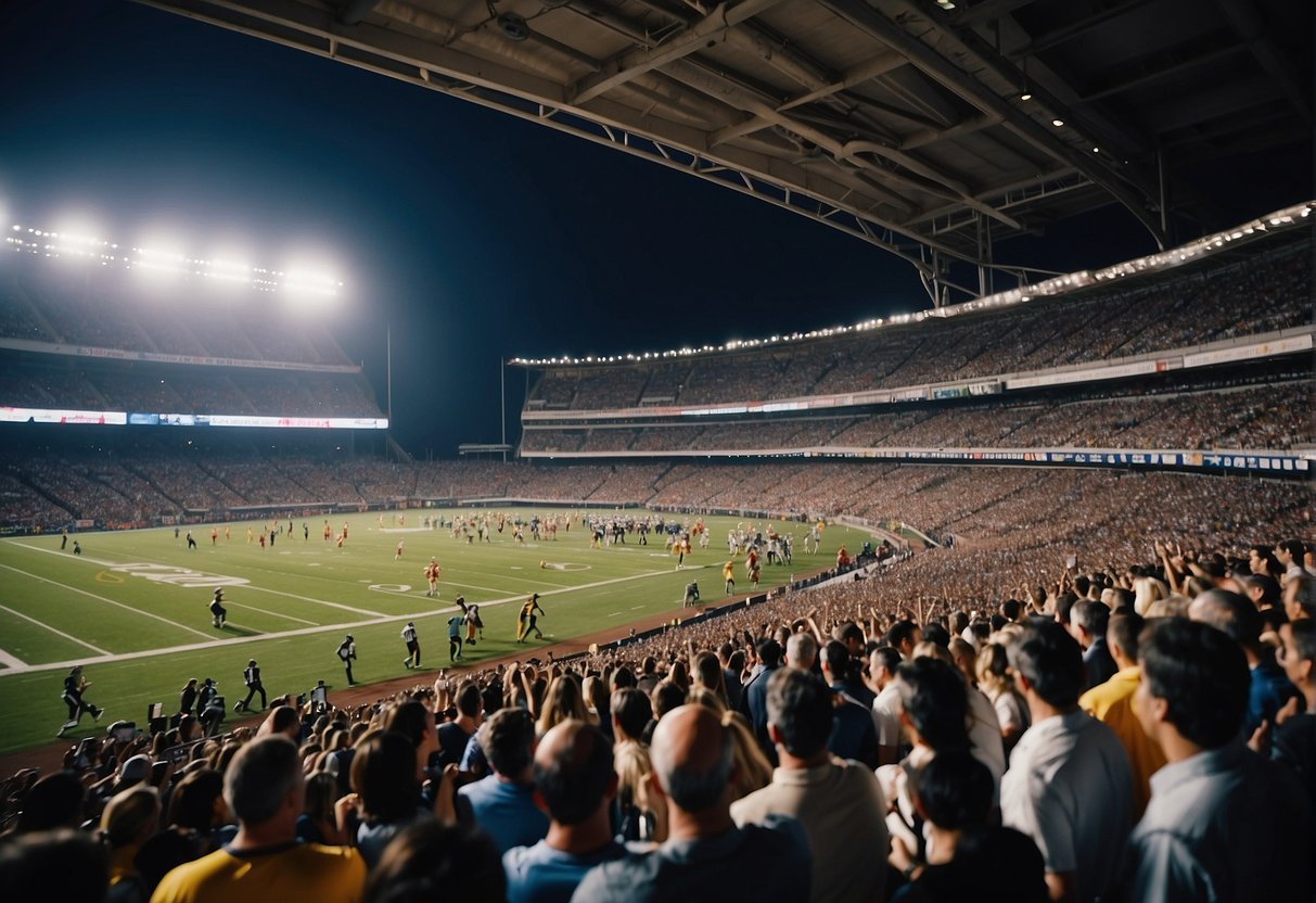A crowded stadium with cheering fans, athletes competing on the field, and journalists taking notes in the press box