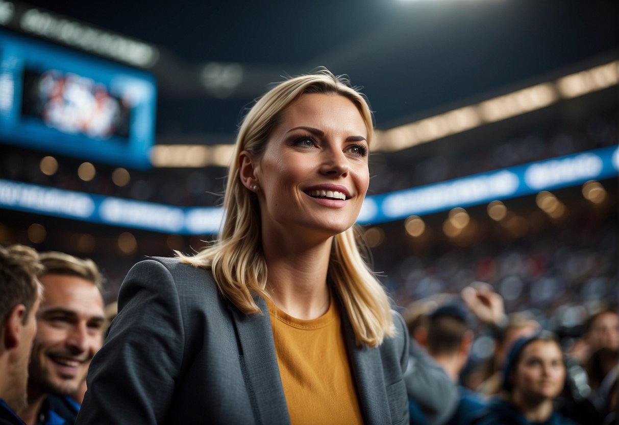 Female sports journalist reporting on a game, surrounded by athletes and fans, capturing the intensity and excitement of the event