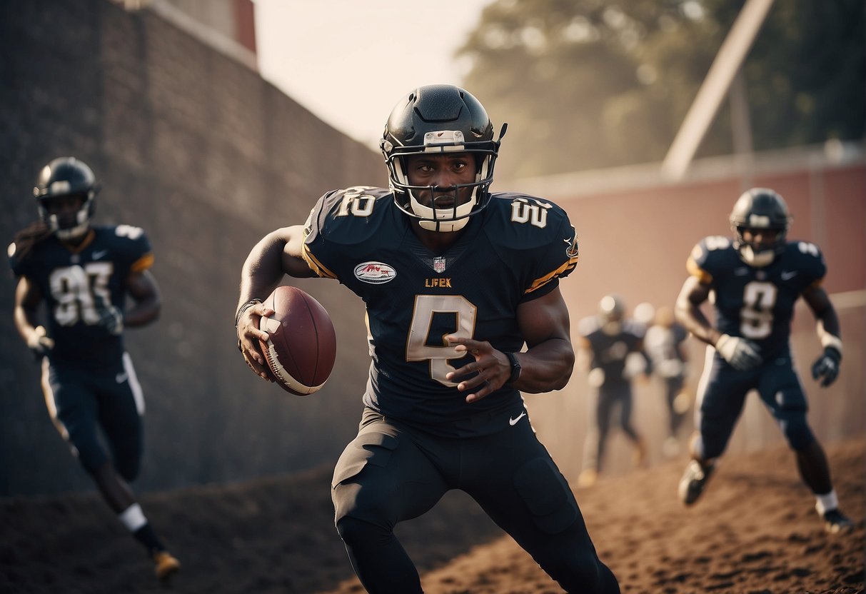 Black sports journalists face barriers and challenges in their field, symbolized by a towering wall with obstacles and hurdles