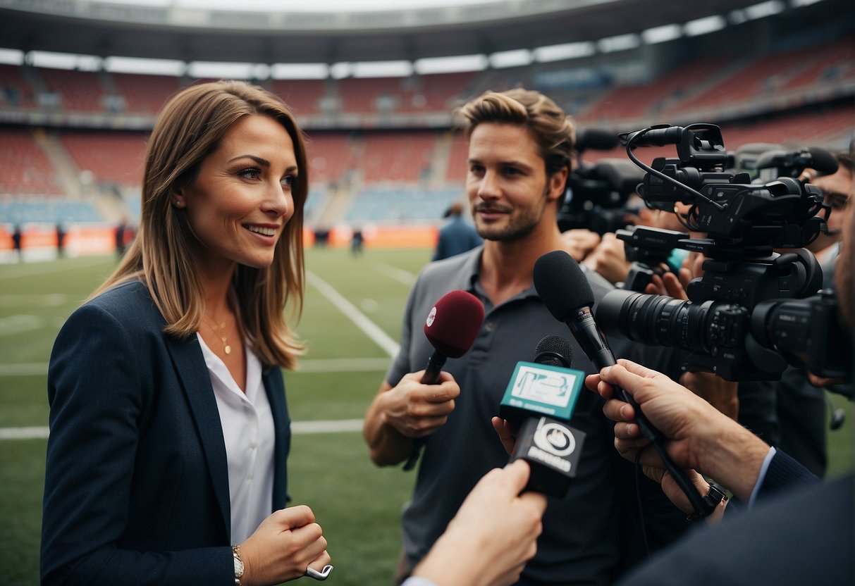 A woman sports journalist interviews athletes at a stadium, surrounded by cameras and microphones