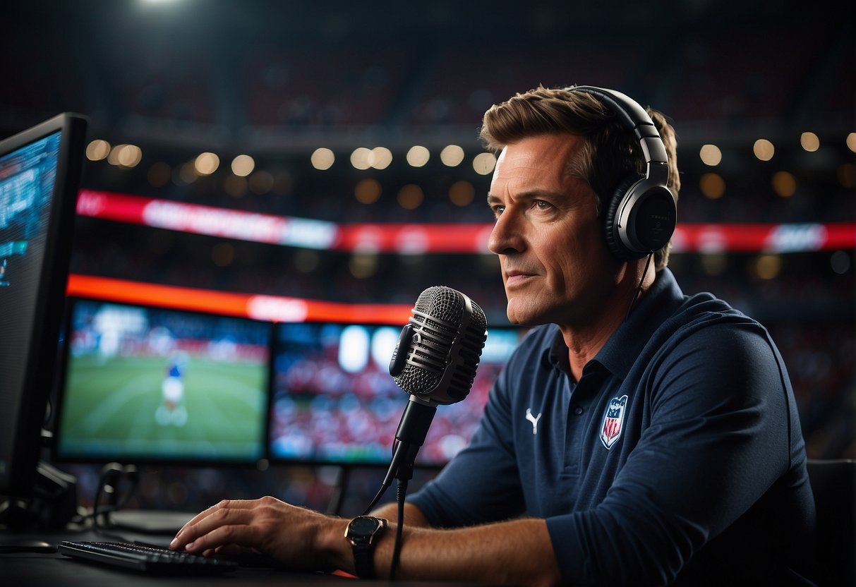 A sports announcer sits at a desk with a microphone, headphones, and a computer. A stadium is visible on a screen behind them