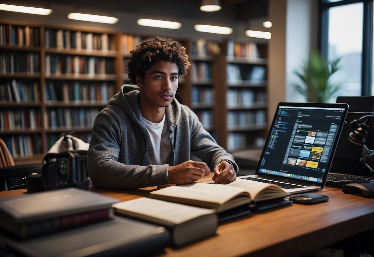 A student surrounded by sports equipment, books, and a laptop, studying for a sports journalism degree