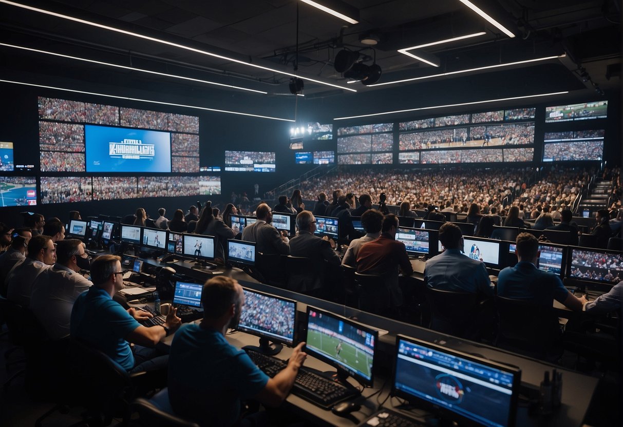 A crowded sports media room with reporters, cameras, and microphones, all focused on a large screen displaying NBA game highlights