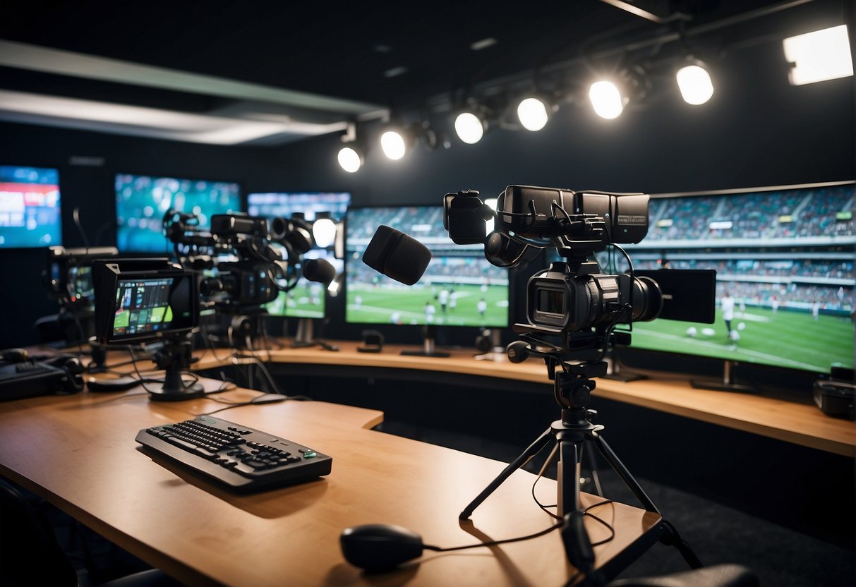 A bustling sports broadcasting studio with multiple screens, microphones, and cameras capturing the action on the field. The room is filled with energy as the team prepares to deliver the latest sports news and analysis