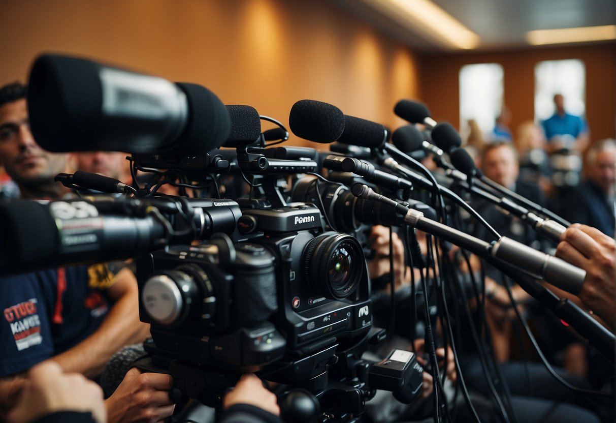 Athletes surrounded by cameras and microphones at a press conference. Sports logos and equipment in the background