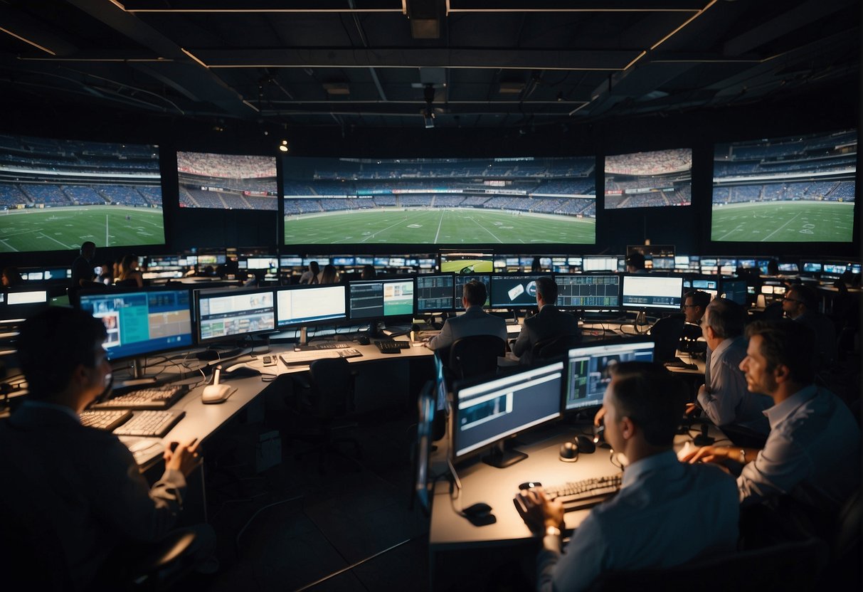 A bustling sports stadium with bright lights and multiple cameras capturing the action on the field. Commentators are seen in a broadcast booth, while producers and technicians work behind the scenes