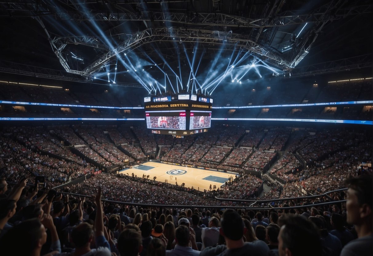 A crowded sports arena with bright lights, giant screens, and excited fans cheering and waving flags. Media personnel are busy capturing the action, while social media feeds are buzzing with updates