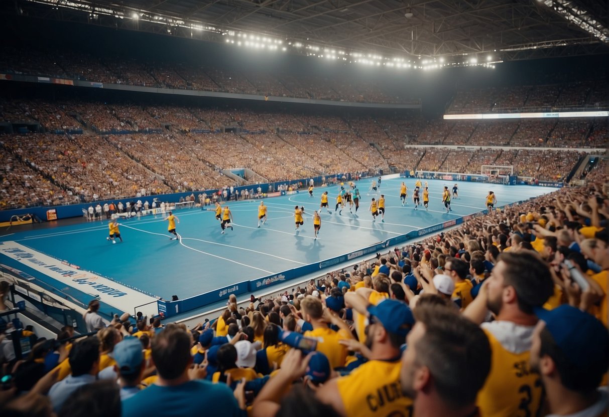 Athletes compete in various sports, from basketball to swimming, in a bustling stadium filled with cheering fans and colorful banners