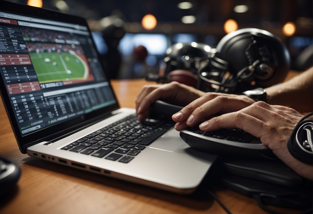 A sports journalist typing on a laptop with sports equipment and memorabilia in the background