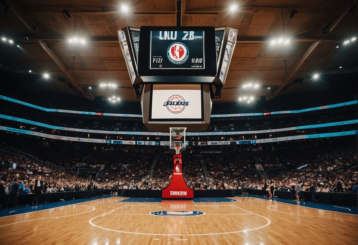 A basketball court with NBA team logos, scoreboard, and fans cheering