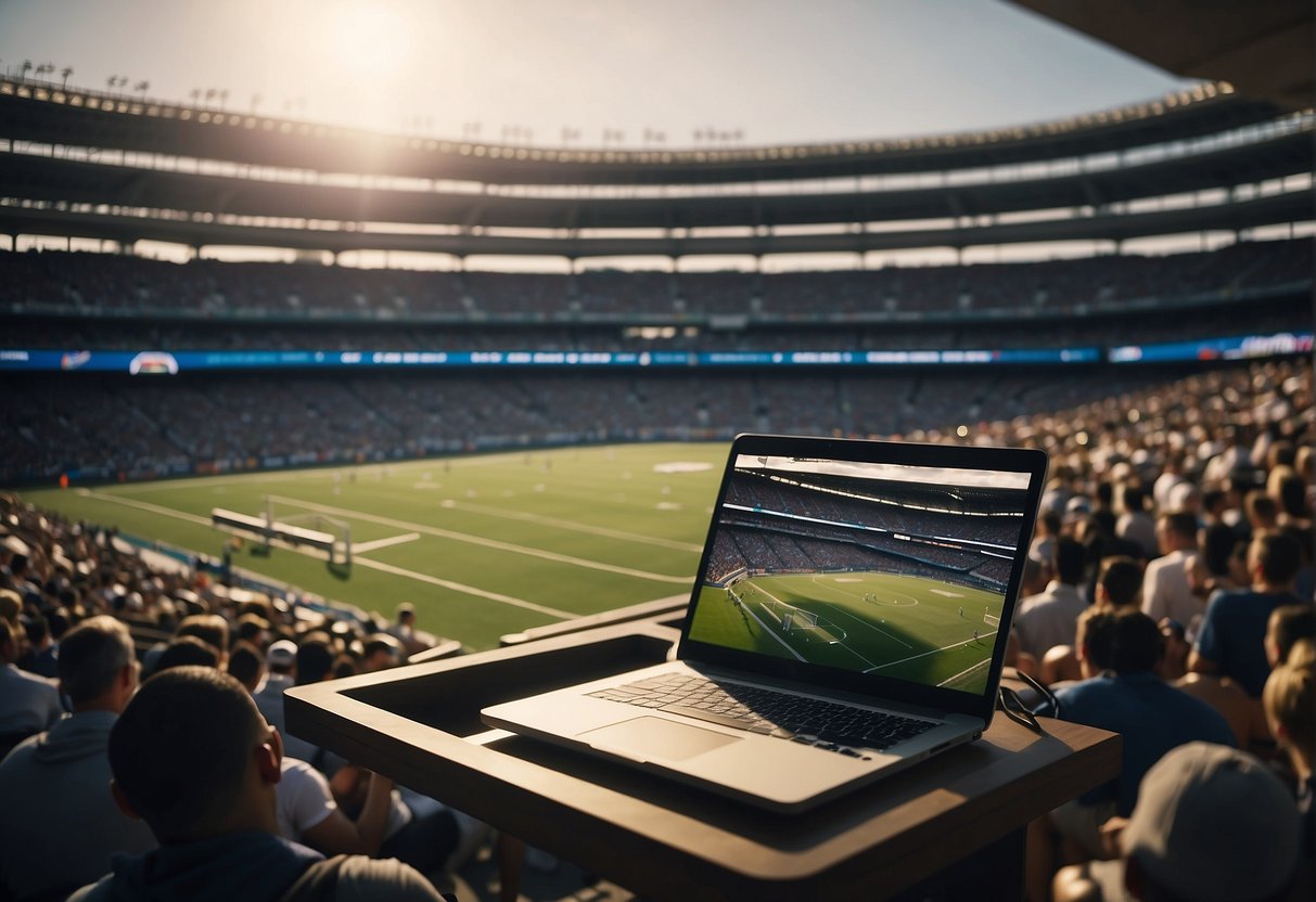 A crowded stadium with cheering fans, a journalist typing on a laptop, and sports equipment scattered around the writing desk