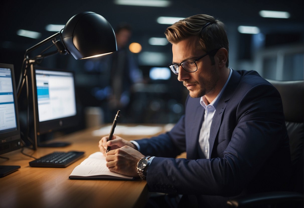 A sports journalist researching, writing, and interviewing athletes for a story