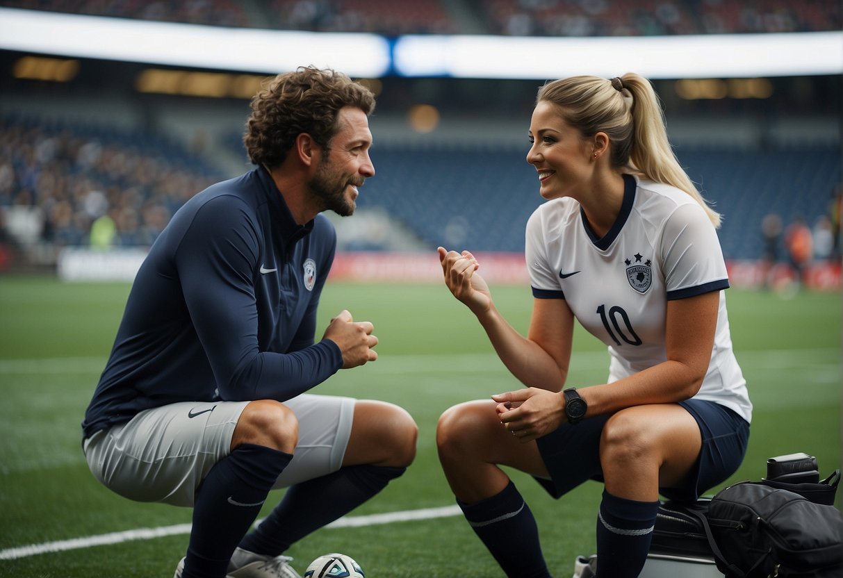 A women sports journalist interviewing a professional athlete on the sidelines of a soccer game