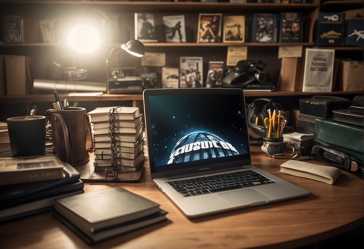 A desk cluttered with notebooks, pens, a laptop, and sports memorabilia. A wall of shelves holds reference books and a corkboard with game schedules