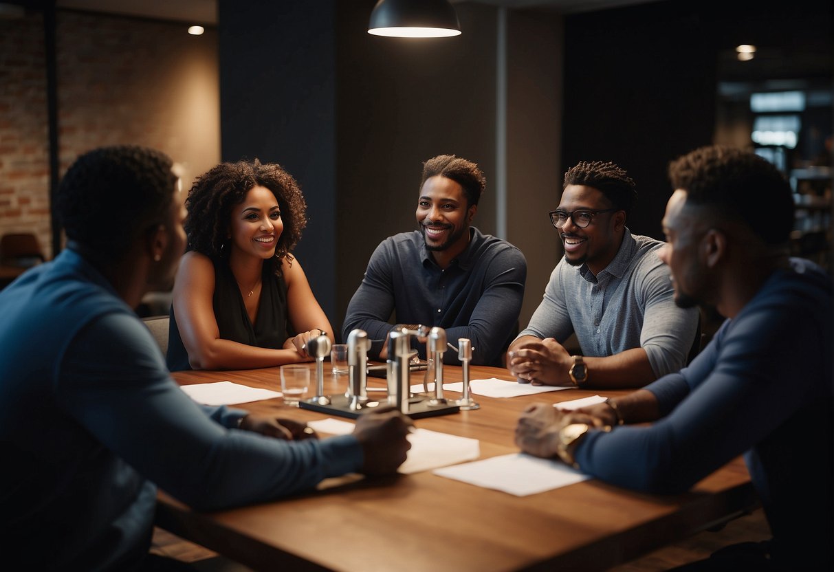 A group of black sports journalists gather around a table, exchanging ideas and discussing the cultural impact of their work. The room is filled with energy and passion as they collaborate on telling important stories