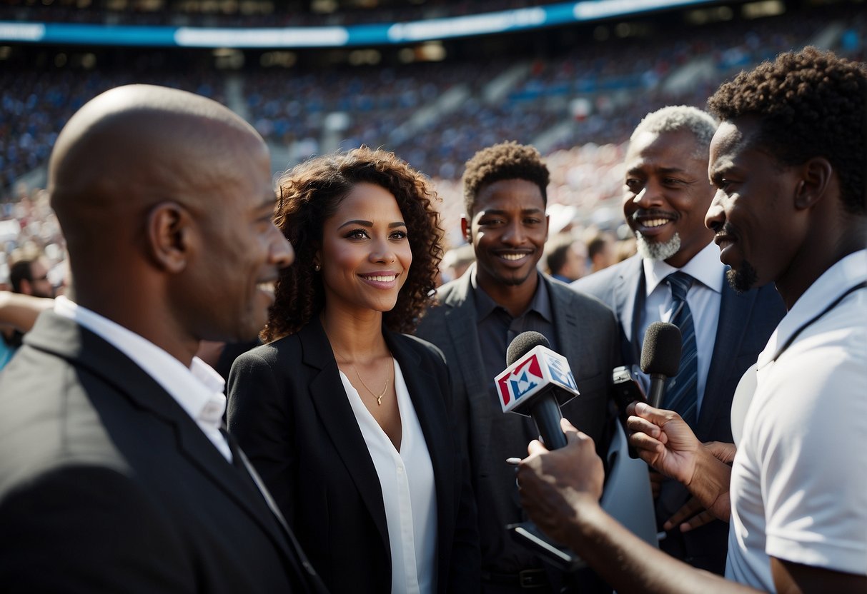 A group of black sports journalists conducting interviews at a crowded stadium