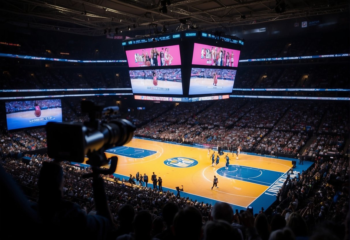 A crowded sports arena with bright lights and cameras capturing the action on the court, while reporters and broadcasters provide live coverage of the NBA game