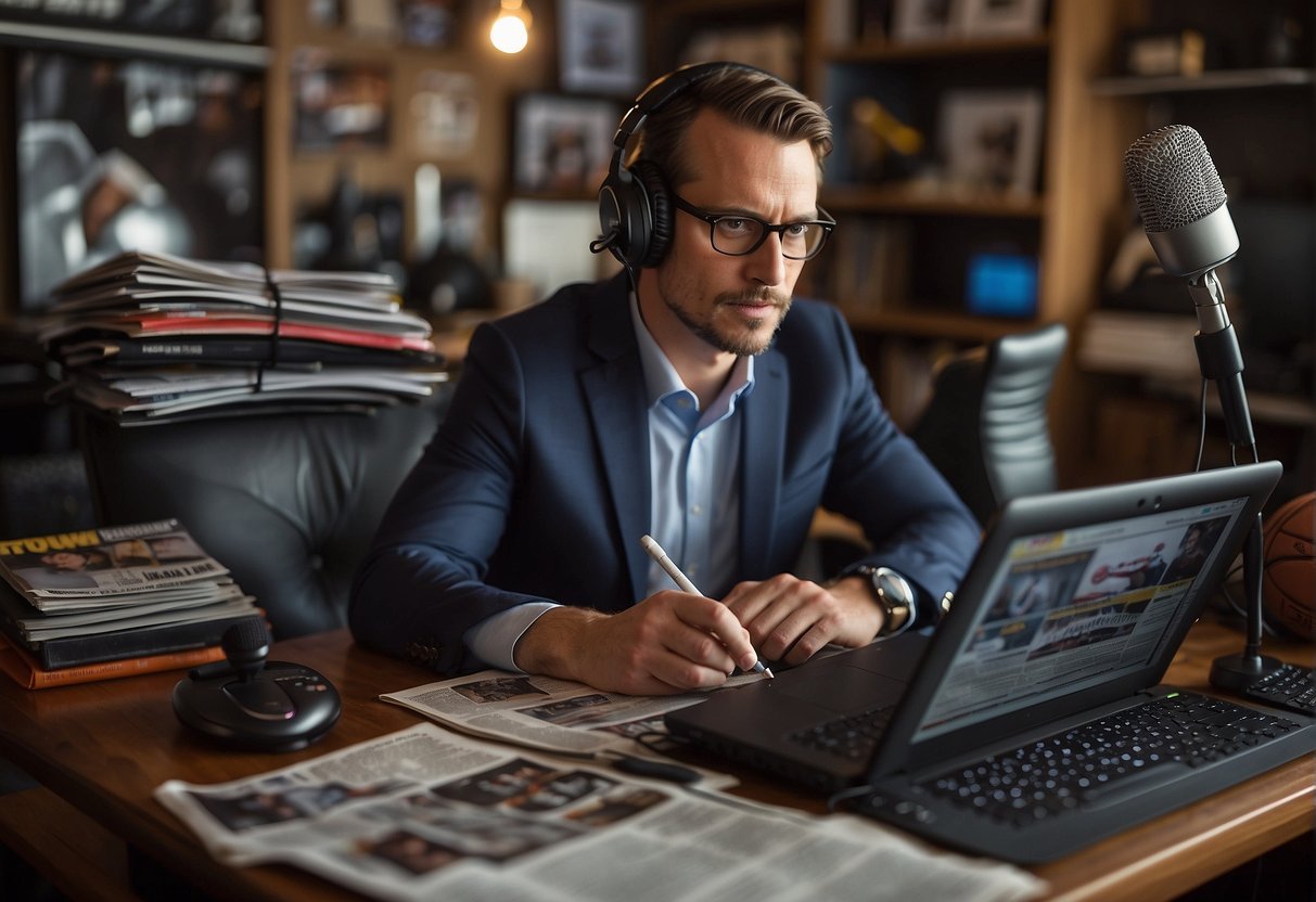 A sports journalist types on a laptop, surrounded by newspapers and sports memorabilia, with a microphone and recorder nearby