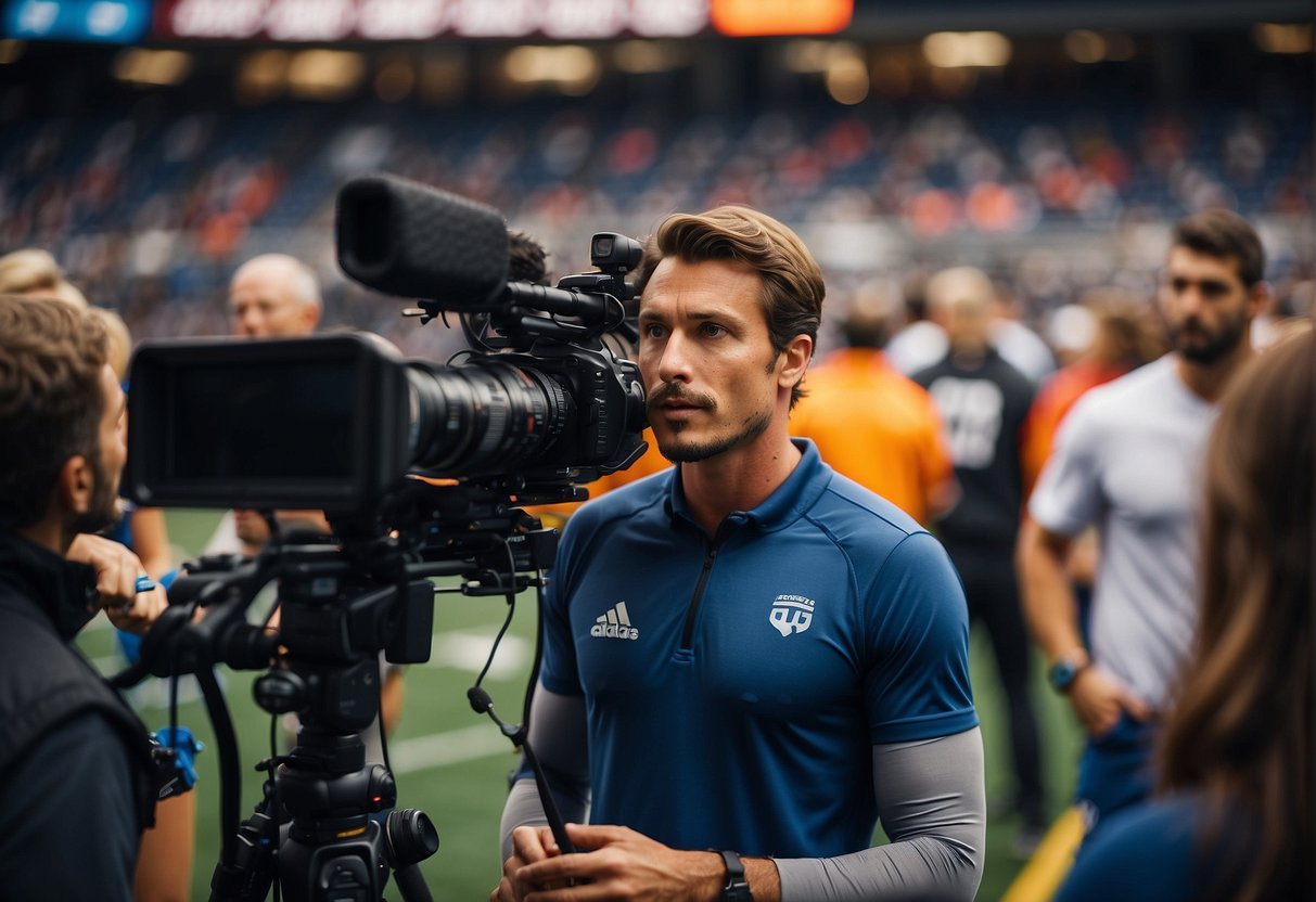 A journalist interviews athletes while cameras roll and reporters take notes in a bustling sports arena