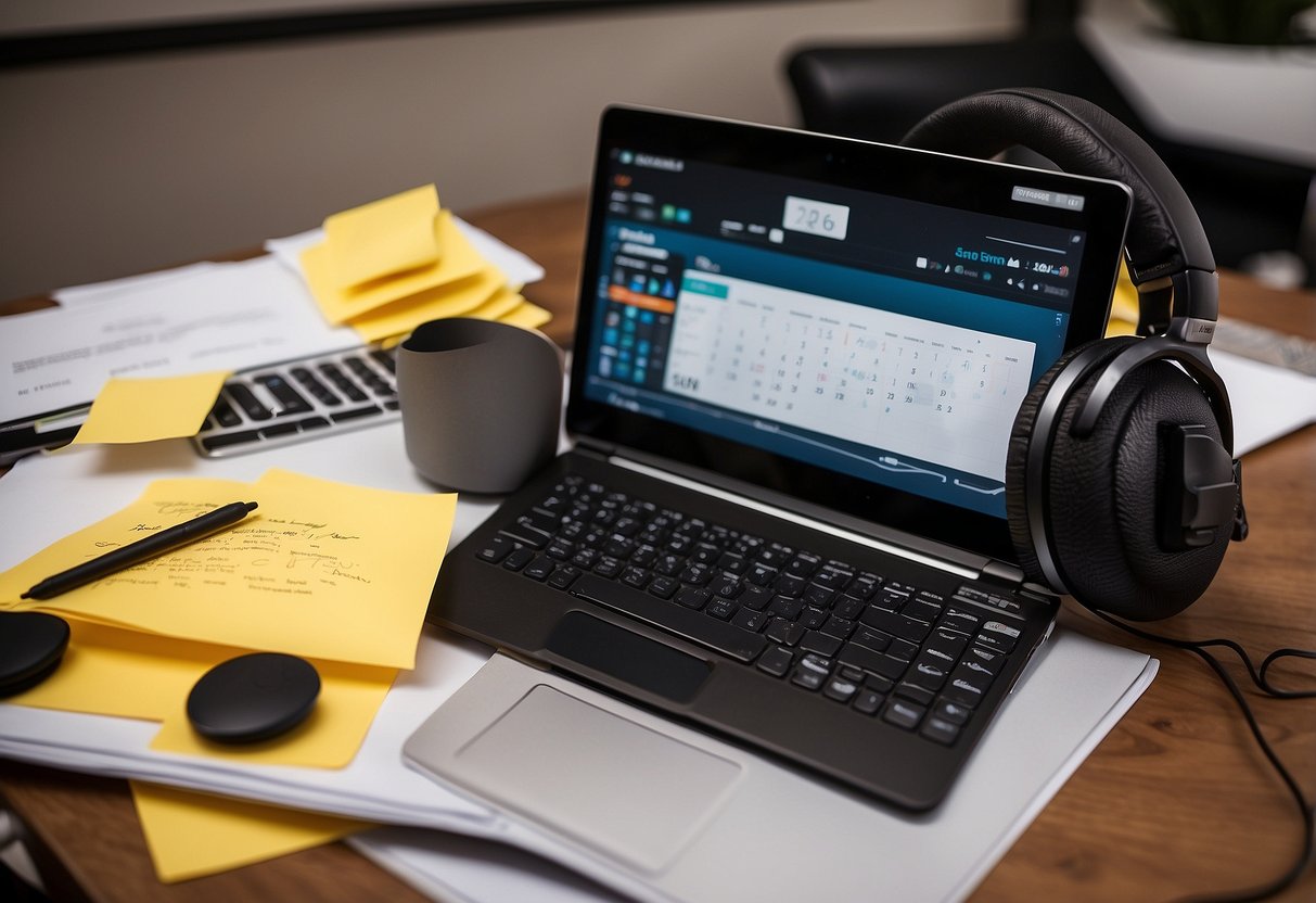 A table with a laptop, microphone, and headphones. A whiteboard with podcast topics and a calendar. Post-it notes with guest names and episode ideas