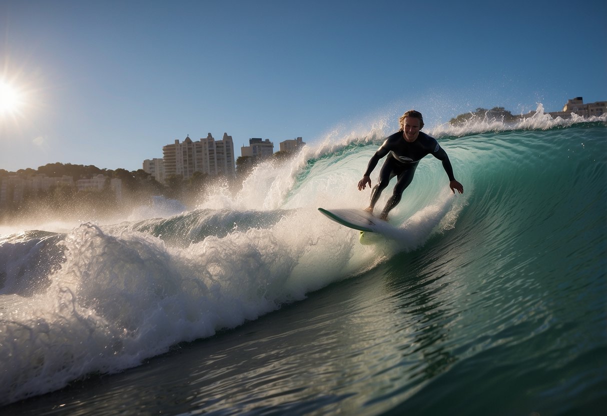 Adaptive surfers ride waves in a competition, cheered on by a crowd. Surfboards display logos of event sponsors