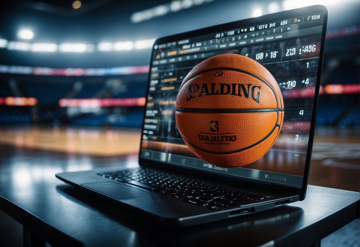 The basketball analytics software displays real-time player statistics, game performance metrics, and advanced data visualization