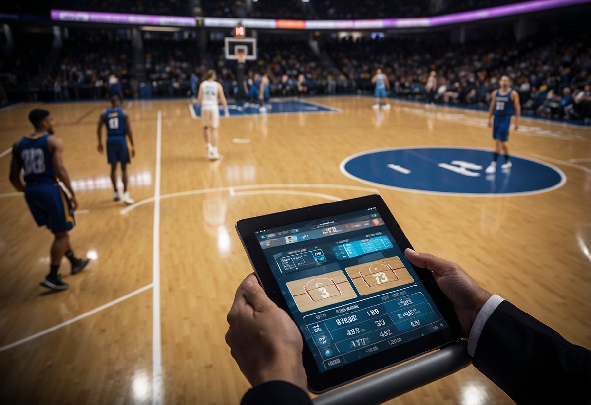 A basketball court with players using analytics software on tablets. Graphs and statistics displayed on screens