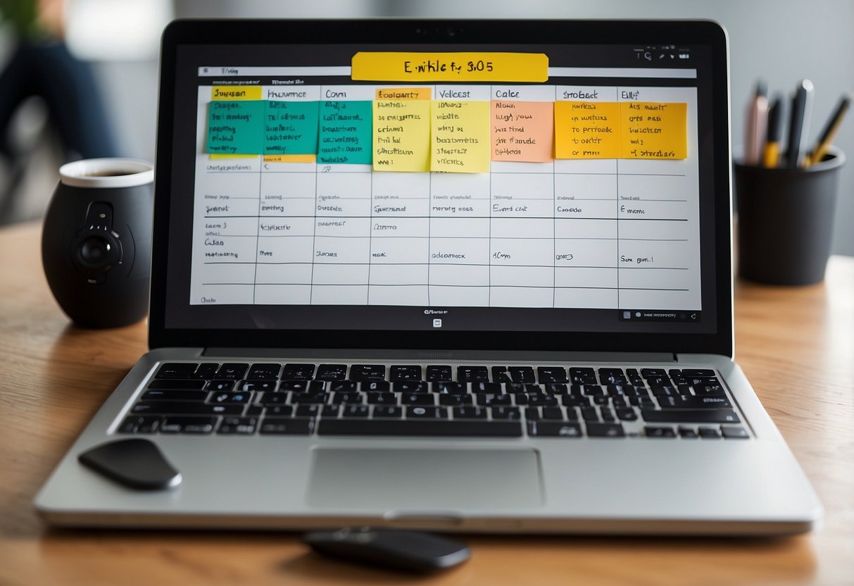 A table with a laptop, notebook, and microphone. Post-it notes with podcast ideas and episode titles. A whiteboard with a content calendar and brainstorming sketches