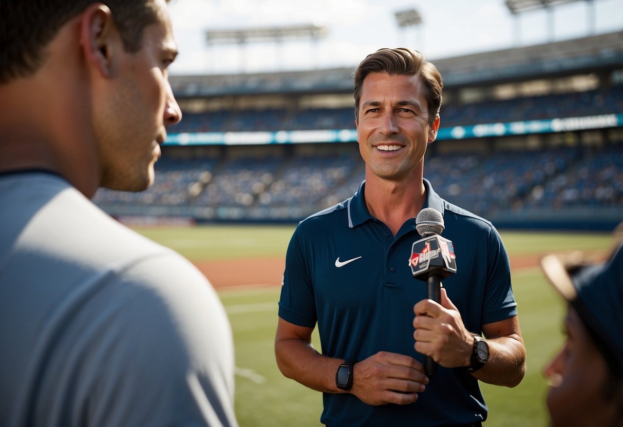 A reporter holding a microphone, interviewing athletes on the field, while adhering to the standards of sports journalism code of conduct