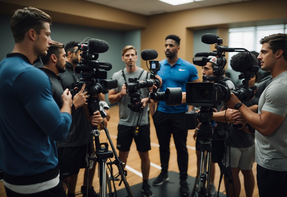 A group of athletes engaging in media training, surrounded by cameras and microphones, while a coach provides guidance and instruction